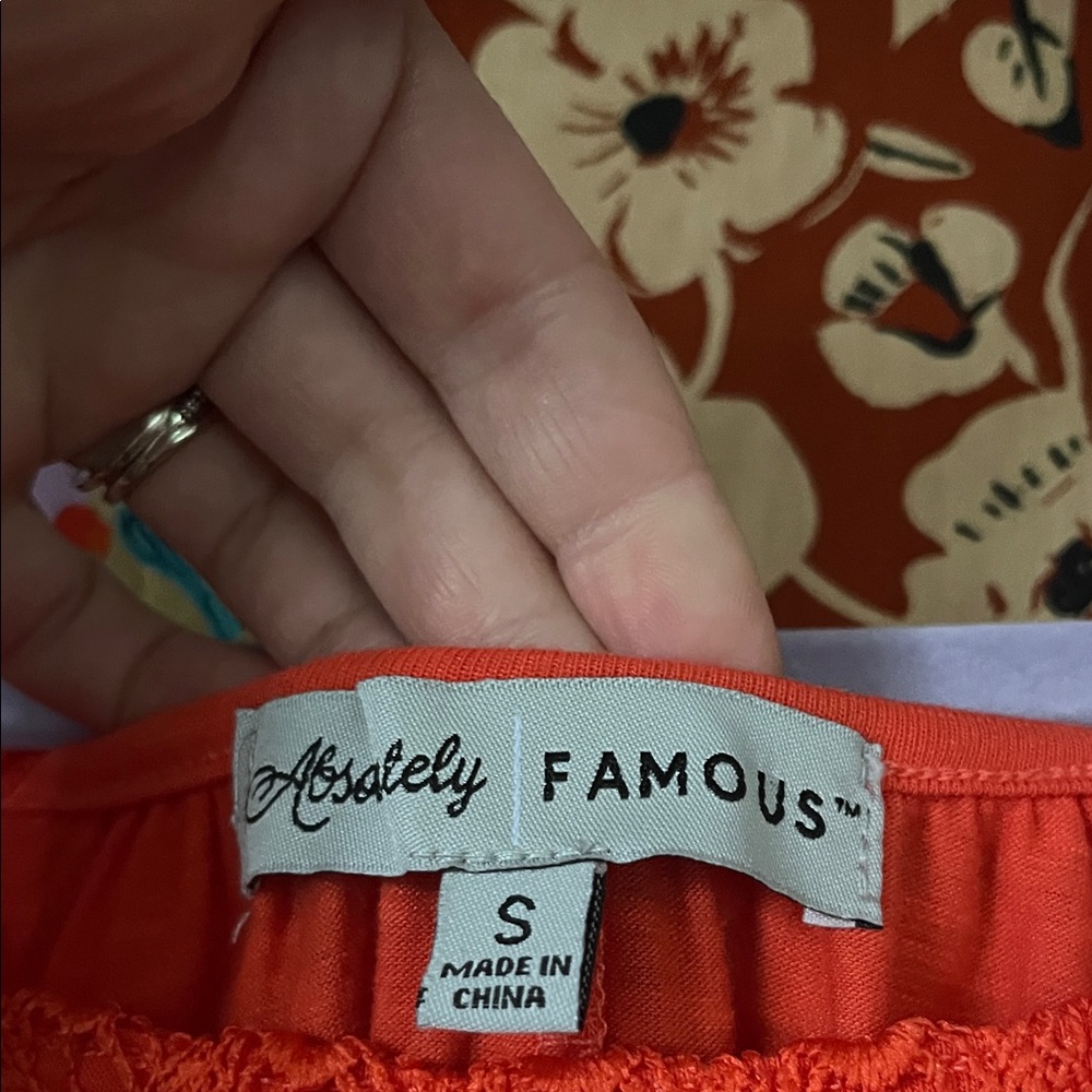 NWT ABSOLUTELY FAMOUS Polyester Orange Boho Flutter Sleeve/Crochet Blouse Size S - Picture 3 of 8